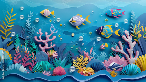 Detailed Underwater World with Diverse Marine Life and Coral Reefs in a Paper Art Style