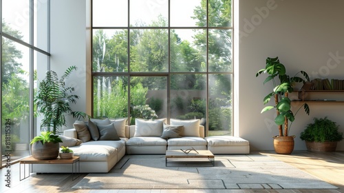 Living room with a modern aesthetic  featuring a simple sofa  geometric decor  and plenty of natural light