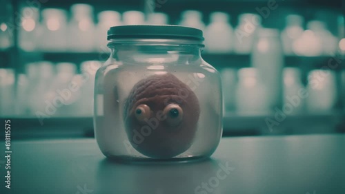 Strange brain or a creature with a pair of eyes in a jar on a metal table in a laboratory. Scientific experiment or an alien body part. Sci-fi horror movie clip. Cinematic style footage.  photo