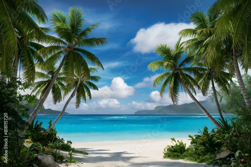 Tropical beach paradise with palm trees  turquoise waters  and peaceful ambiance