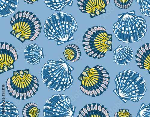 Trendy Hand drawn Summer sea shells seamless pattern Vector Illustration .Sea shell drawing.Underwater , Design for fashion , fabric, textile, wallpaper , wrapping and all prints