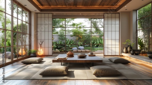 Living room with a modern Japanese design, featuring a low wooden table, floor cushions, and a large window overlooking a garden © G.Go