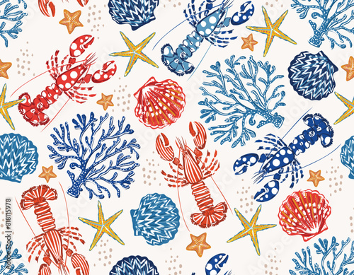 Seamless Marine Life Pattern Vector Lobsters Corals Seaweed Coral Shells, star fish Seamless pattern Vector Illustration