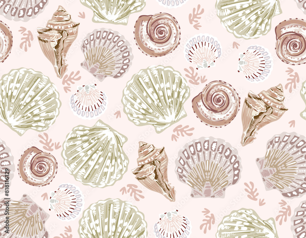 Trendy Hand drawn Summer sea shells seamless pattern Vector Illustration .Sea shell drawing.Underwater , Design for fashion , fabric, textile, wallpaper , wrapping and all prints Trendy Hand drawn Summer sea shells seamless pattern Vector Illustration .Sea shell drawing.Underwater , Design for fashion , fabric, textile, wallpaper , wrapping and all prints