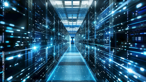 Digital information flows through the network and data servers behind glass panels in the server room of a data center or Internet service provider. 