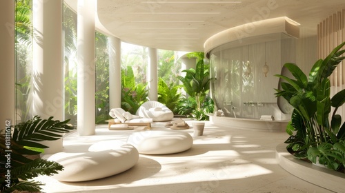 A serene spa lounge featuring contemporary furniture, surrounded by vibrant plants, bathed in natural daylight.