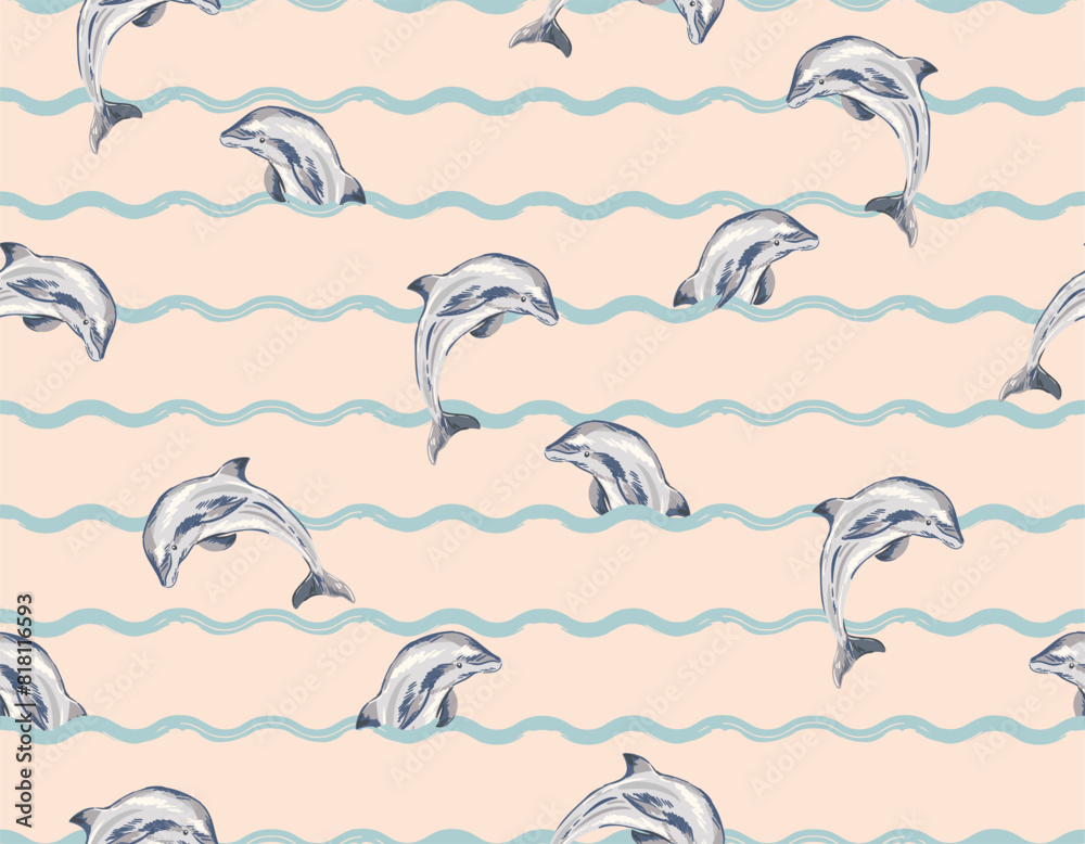 Fototapeta Seamless pattern Ocean wave line with jumping  dolphin. Vector illustration , Design for fashion , fabric, textile, wallpaper ,