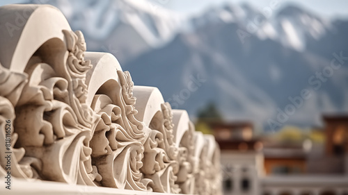 Ornate architectural details with mountain landscape in the background. Close-up shot of decorative stone carvings. Architecture and landscape concept. Design for poster, banner, greeting card