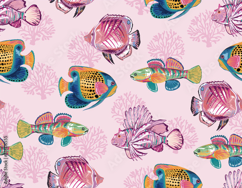 Seamless pattern with sea treasure ,fish and coral marine background vector
