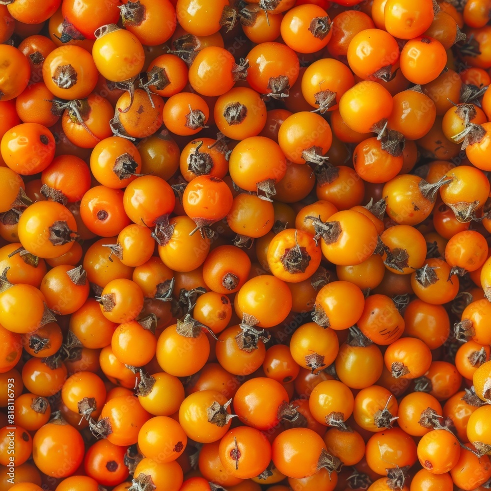 Sea buckthorn berry texture background, hippophae fruits pattern, many sandthorn berries mockup
