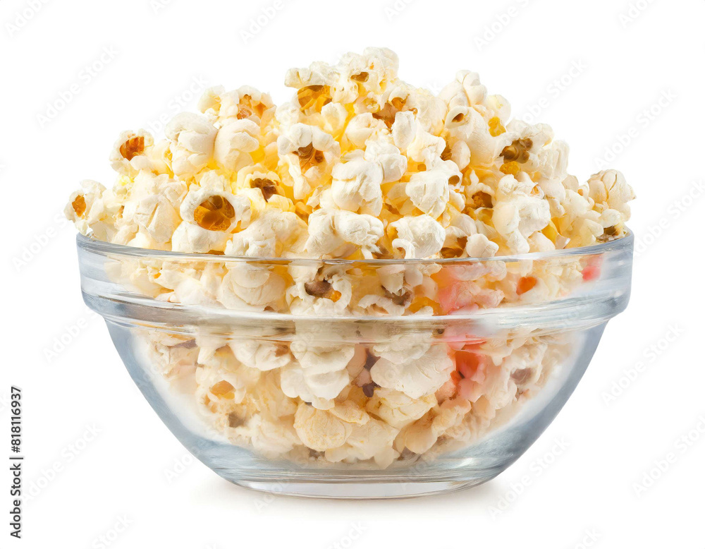 Glas schüssel mit Popcorn isoliert auf weißen Hintergrund, Freisteller Glas schüssel mit Popcorn isoliert auf weißen Hintergrund, Freisteller