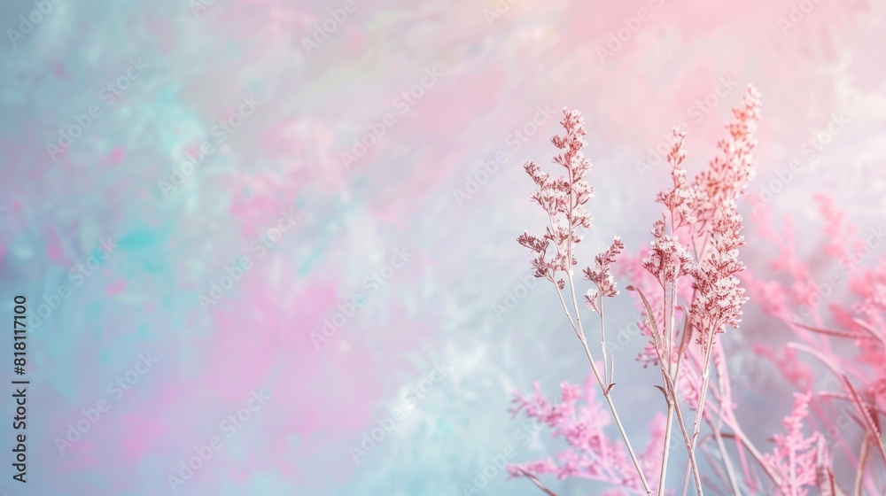 A vase of pink flowers sits on a table in front of a blue wall
