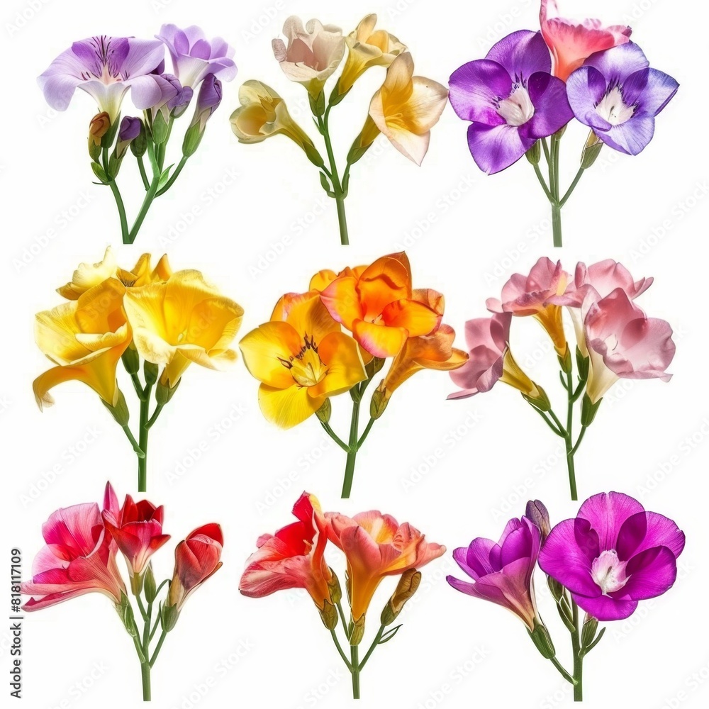 Color freesia flowers isolated, freesia buds set, blossoms collection on white background Color freesia flowers isolated, freesia buds set, blossoms collection on white background