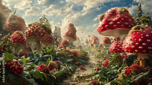A wonderous and magical landscape showing a path through a forest of oversized red and white mushrooms under a sunny sky © punniix