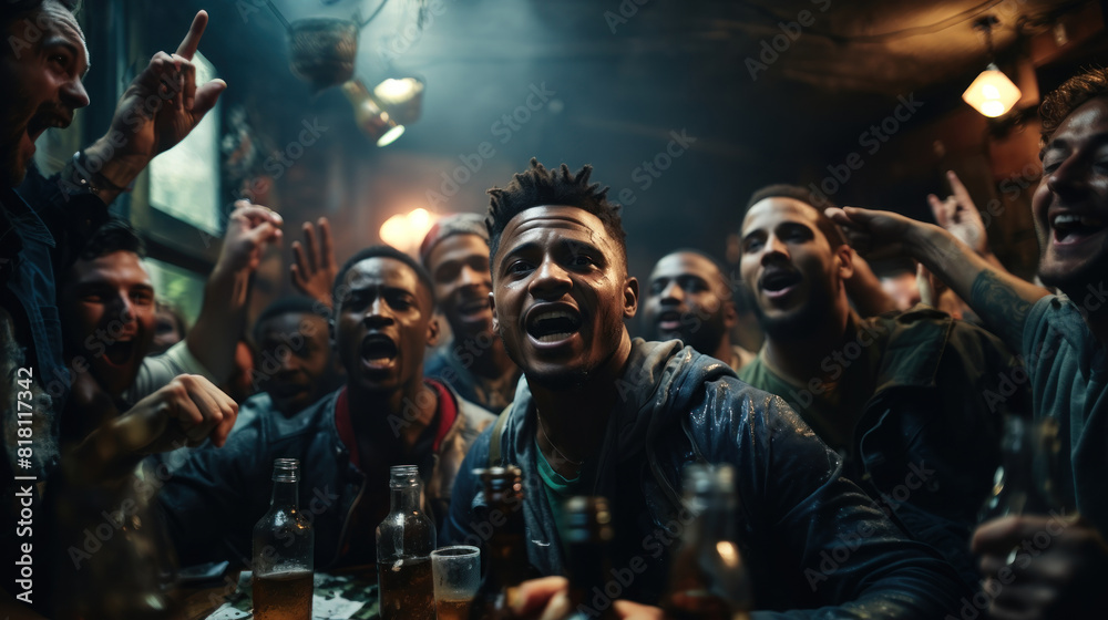 Obraz premium Group of African Men Cheerfully Drinking in a Messy Room