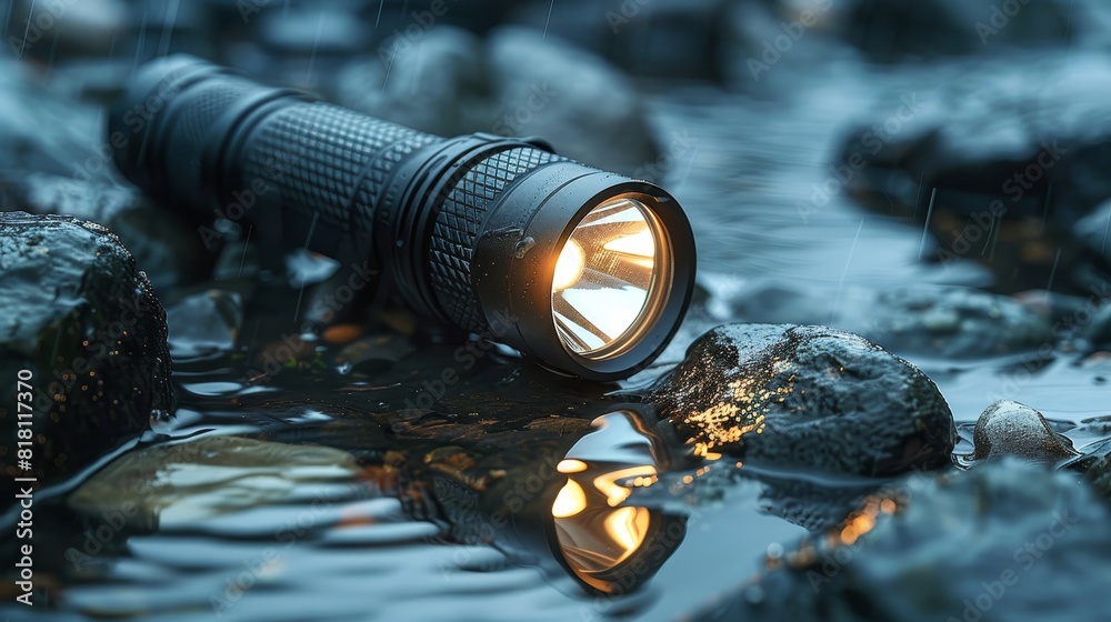 A small flashlight is sitting on a leaf A small flashlight is sitting on a leaf