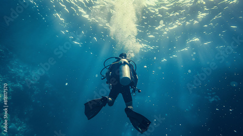 back view of A man is diving underwater with a scuba