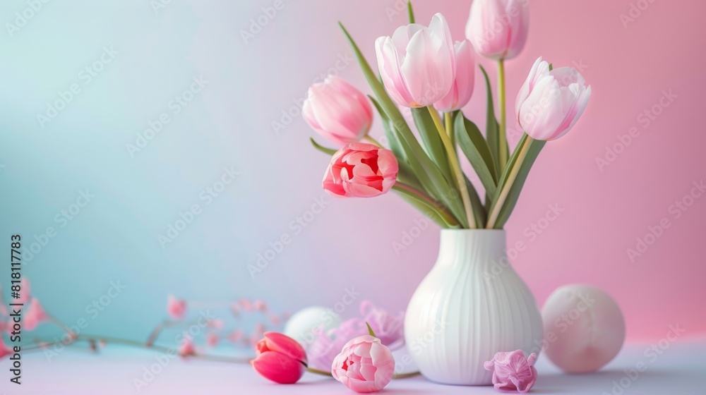 A vase of pink tulips sits on a table with a blue background A vase of pink tulips sits on a table with a blue background