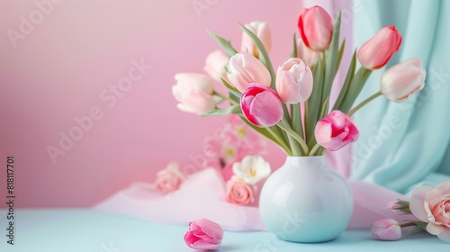 A pink and blue background with a pink flower in the foreground