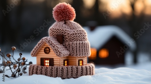 Cozy House in Winter with Knitted Hat - Warmth and Heating Concept