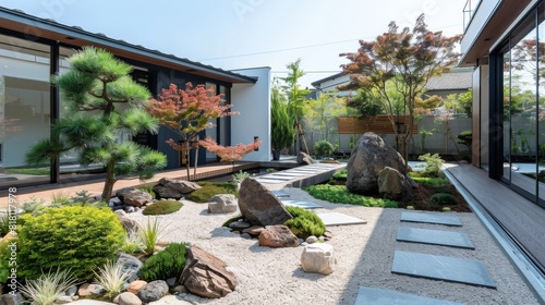 Minimalist home garden with a Zen rock garden, clean-lined pathways, and low-maintenance plants