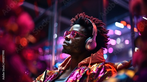 Man Enjoying Music with Headphones and Futuristic Neon Lighting