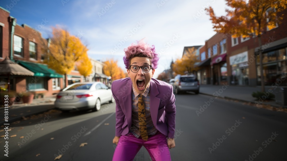 Obraz premium Non-Binary Person Making Funny Face on Footpath in Vibrant Fall Urban Street