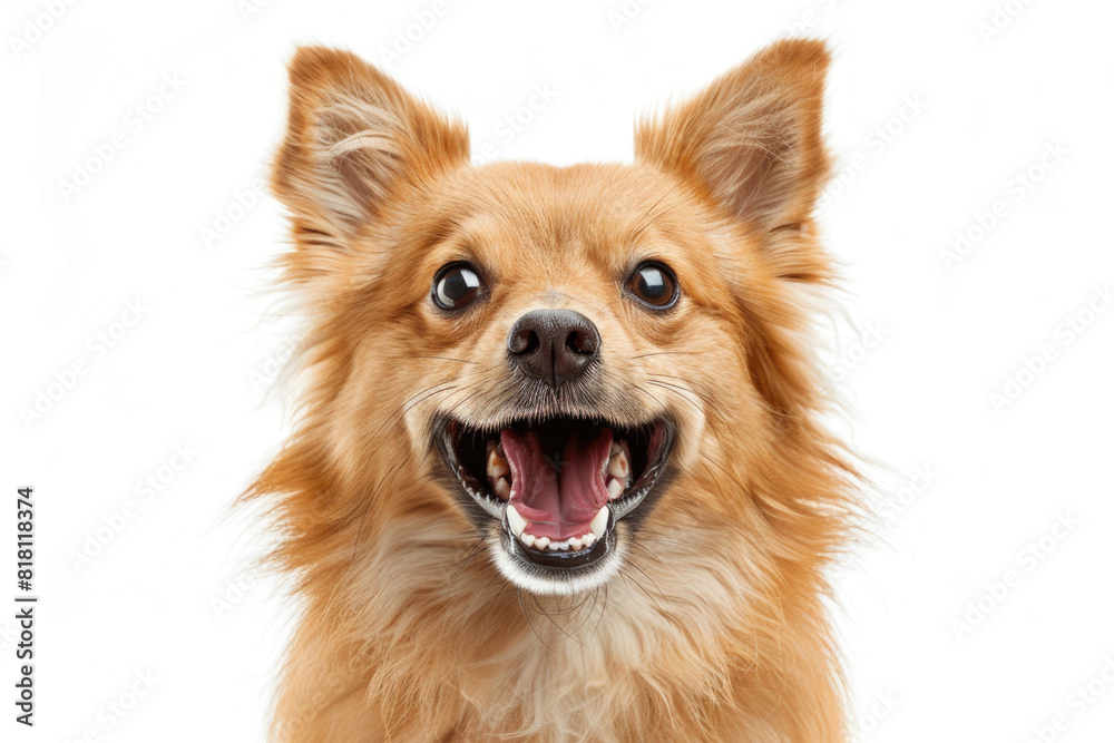 A dog with its mouth open, looking like it's laughing, isolated on a white background