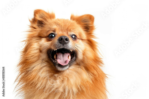 A dog with its mouth open  looking like it s laughing  isolated on a white background