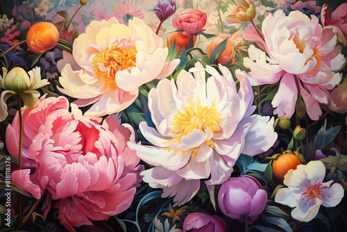 A painting of pink  purple  and white peonies.