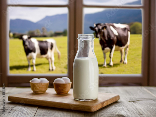 Botella de leche y huevos con vacas lecheras al fondo photo