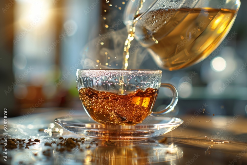 Fototapeta premium Pouring brown tea into glass cup, pouring black tea from teapot, aromatic hot tonic beverage closeup