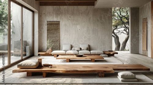 Minimalist living room with a low-profile sofa, wooden coffee table, and a monochrome color palette