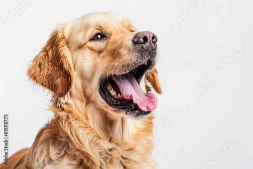 A dog with its mouth open, looking like it's laughing, isolated on a white background
