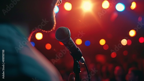 Person speaking confidently into a microphone, with the audience engaged and applauding in response to their inspiring words