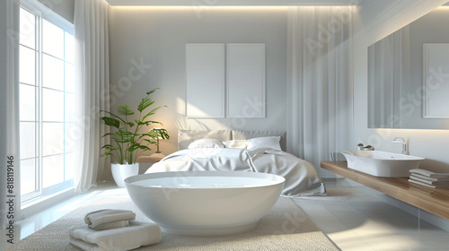 Interior of light bedroom with bathtub