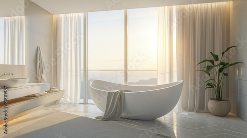 Interior of light bedroom with bathtub