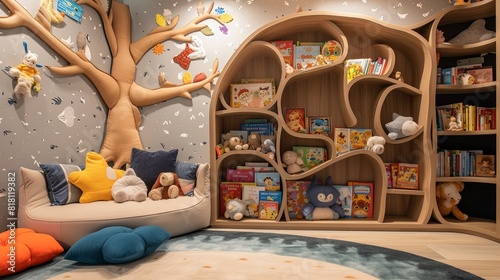 Tree shaped bookshelf filled with colorful children books and soft toys