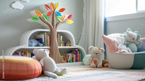 Tree shaped bookshelf filled with colorful children books and soft toys