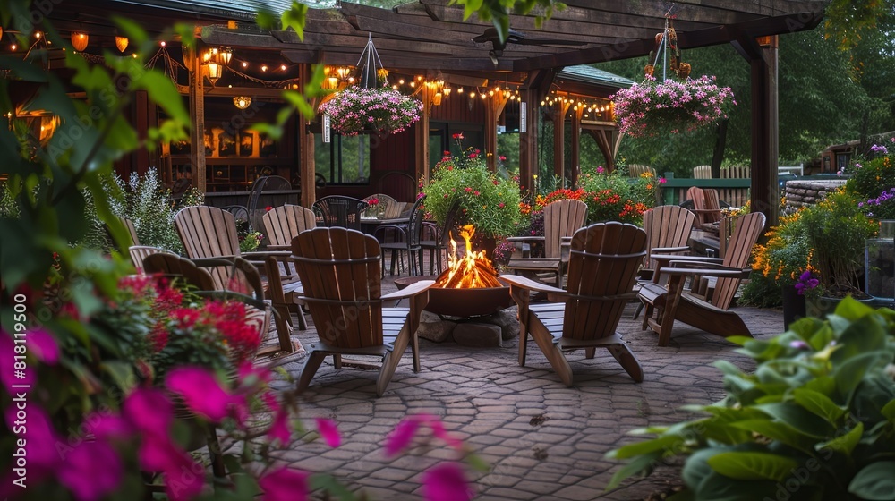 Patio with wooden Adirondack chairs and a fire pit, framed by vibrant flower beds and hanging planters Patio with wooden Adirondack chairs and a fire pit, framed by vibrant flower beds and hanging planters