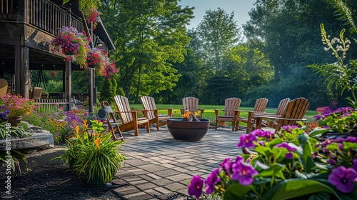 Patio with wooden Adirondack chairs and a fire pit, framed by vibrant flower beds and hanging planters photo