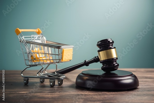 Legal eCommerce concept with shopping cart, computer mouse, and gavel on teal background