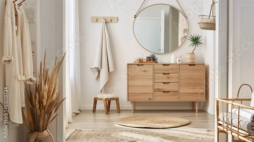 Interior of light hallway with mirror rack and wooden table