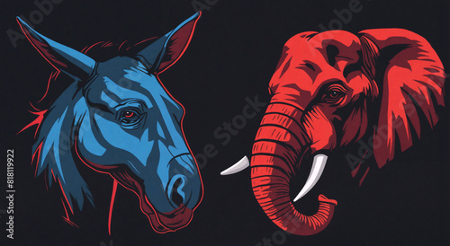 Blue donkey and red elephant representing democrat and republican us parties. Symbols in USA political debate, election, campaign, concept