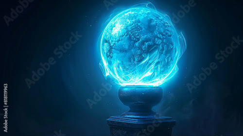 A glowing blue orb sits atop a pedestal, pulsating with energy and light. The orb is surrounded by a dark blue background, adding to the sense of mystery and wonder.