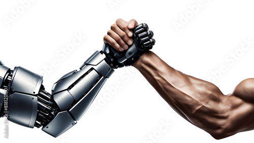 Human and robot hands arm wrestling. AI technology illustration. Technological futuristic.