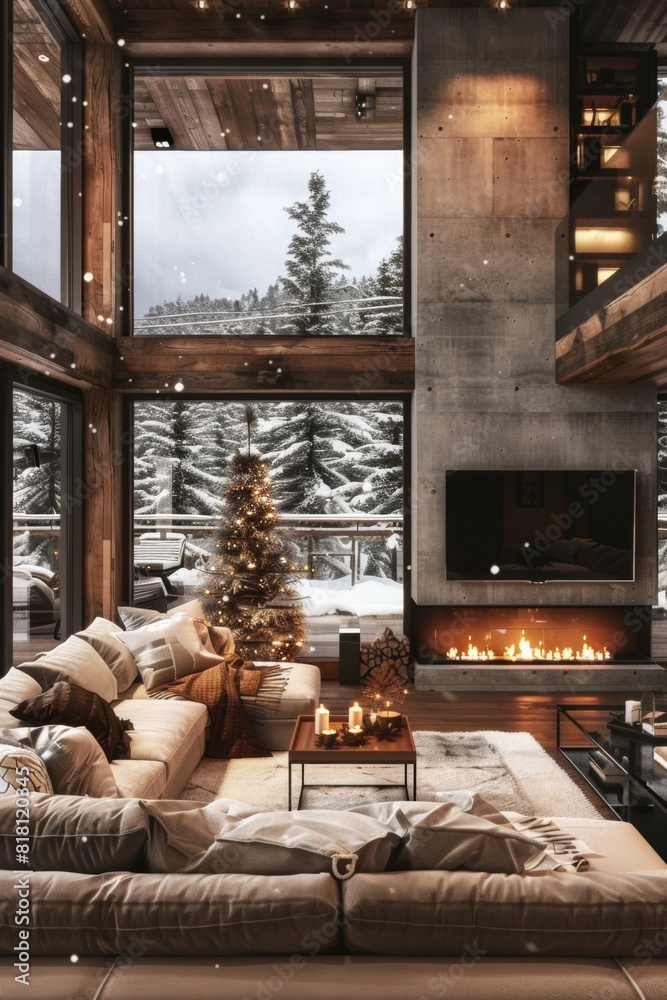A modern luxury home interior in the mountains during Christmas, large windows with snow falling outside and a cozy fireplace.