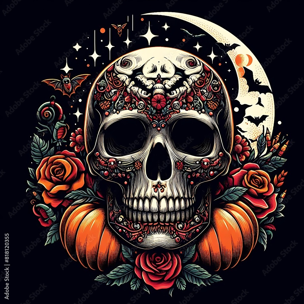 A skull with pumpkins and bats realistic harmony lively meaning harmony