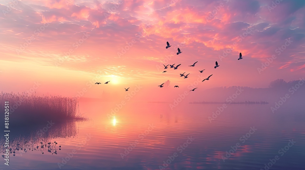 Birds gracefully soaring over a tranquil lake at dawn