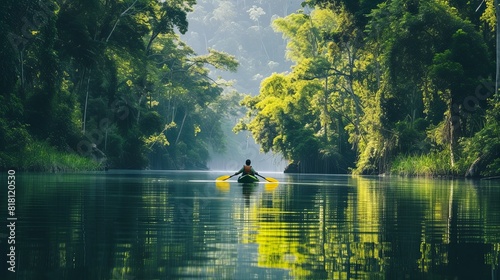 Person kayaking peacefully along a tranquil river, with the calm waters reflecting the surrounding lush greenery and towering trees photo